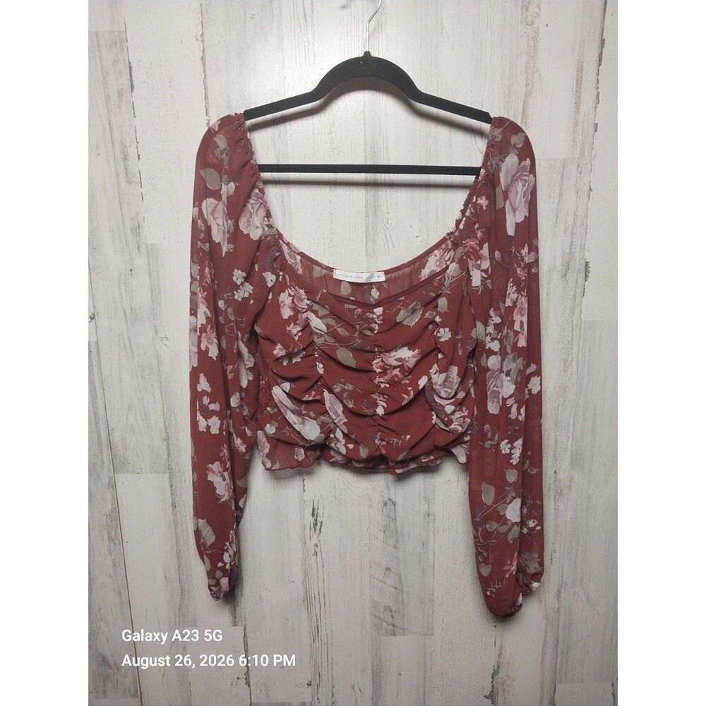 Altard State Boho Long Sleeve Burgundy Floral Crop Top Blouse Women's Size XL